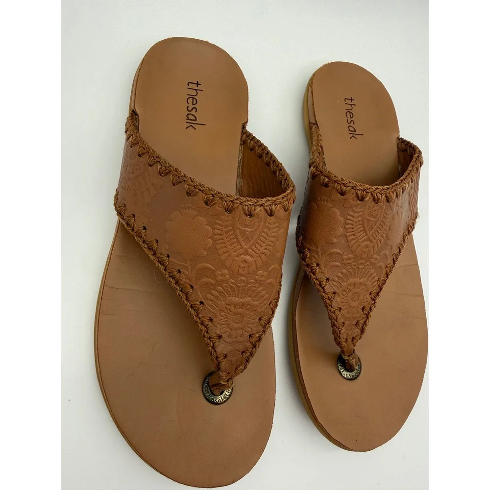 The Sak Women's Leather Embossed Thong Sandals Brown Boho Flip Flops Size 8
